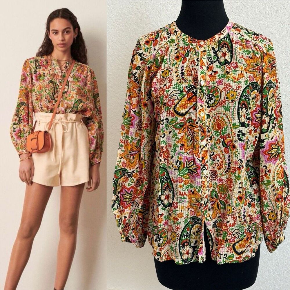 ba&sh Paris Bianca Blouse Women’s L Green Multi Paisley Floral Boho French Chic